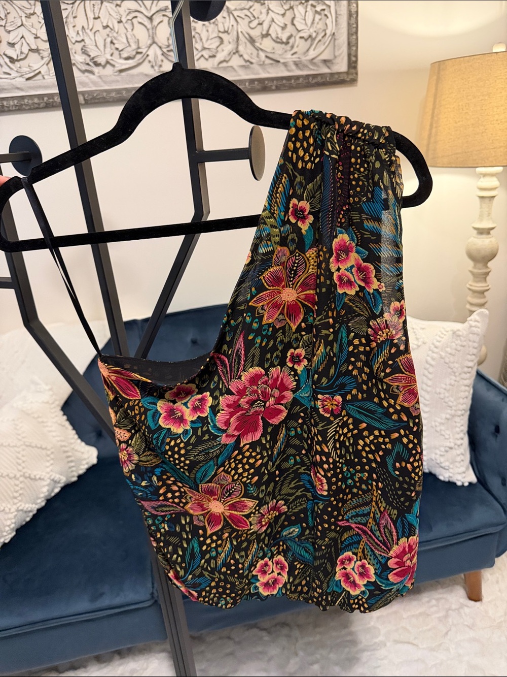 Evereve Black Top with Pink & Teal Floral Print
